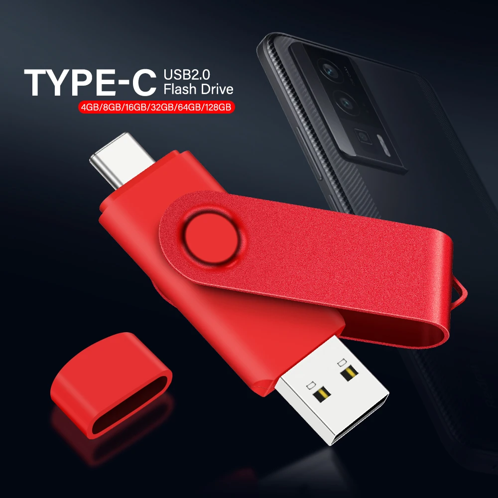 Pen Drive Rotativo 2 em 1 Tipo-C 2.0 de 128GB, 64GB, 32GB, Preto e Vermelho, em Metal, para Brindes Corporativos Pen Drive Rotativo 2 em 1 Tipo-C 2.0 de 128GB, 64GB, 32GB, Preto e Vermelho, em Metal, para Brindes Corporativos