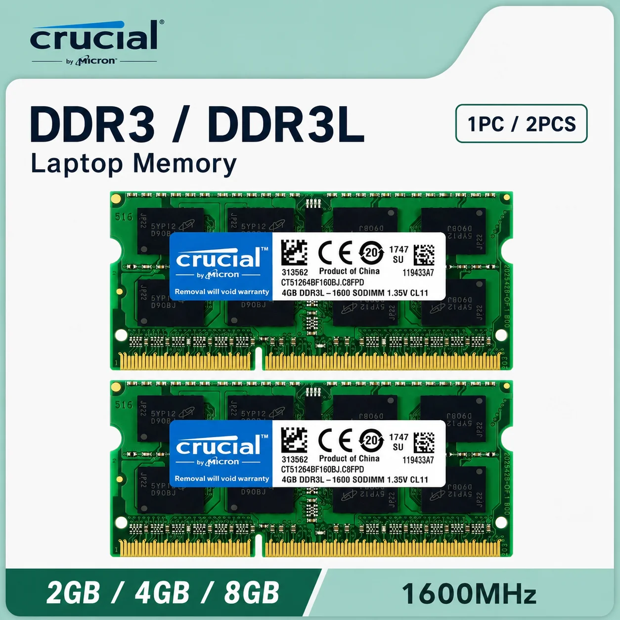 Memória Crucial para Laptop DDR3 DDR3L 1600MHz 2GB 4GB 8GB 1PCS 2PCS 204Pin SODIMM 1.35V 1.5V PC3-12800 PC3L-12800 Upgrade de RAM