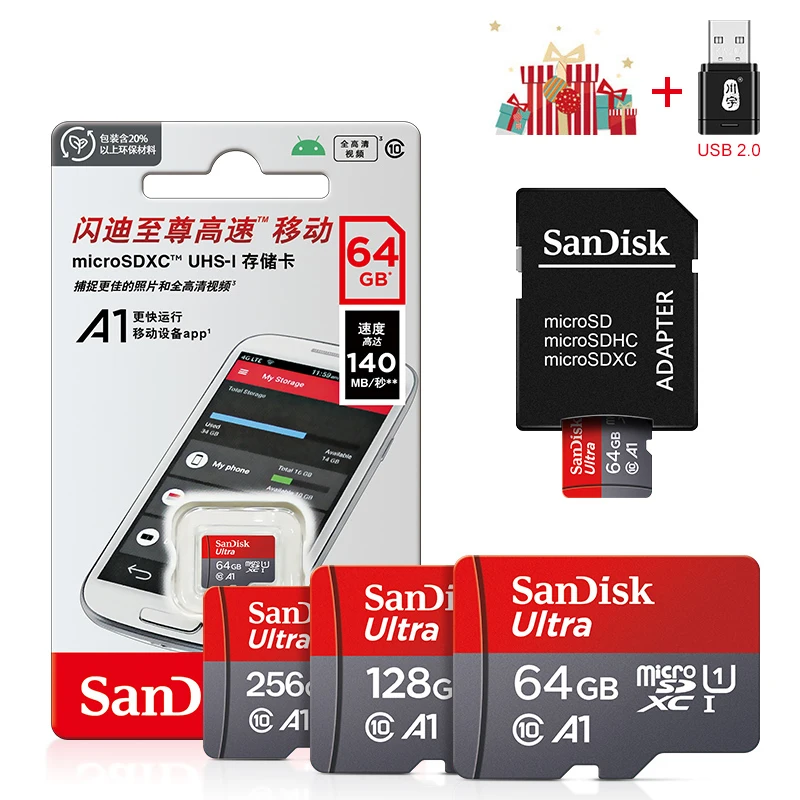 Cartão de Memória Sandisk 256GB 128GB 64GB 32GB TF Micro SD Classe 10 UHS-1 para Smartphone PC + Leitor de Cartão