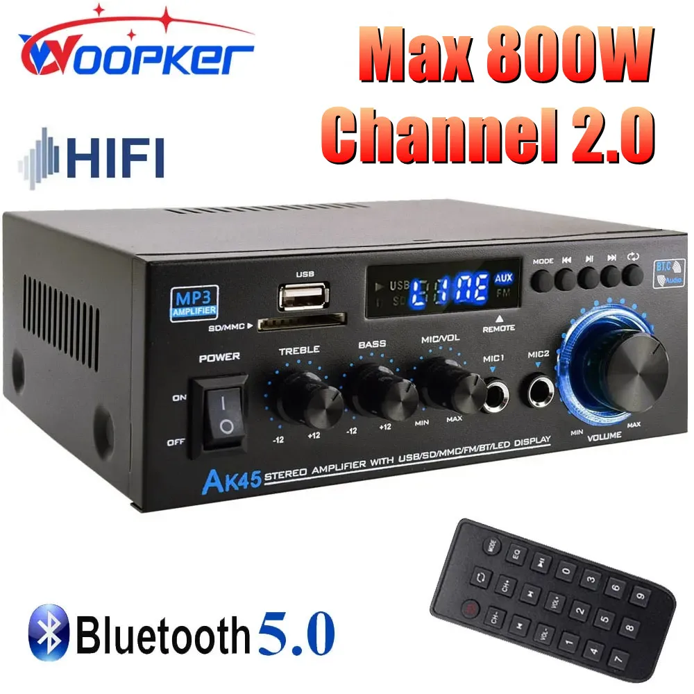Woopker amplificador digital de alta fidelidade ak45 bluetooth mp3 canal 2.0 amplificador de som suporte 90v-240v para carro em casa max 400w * 2