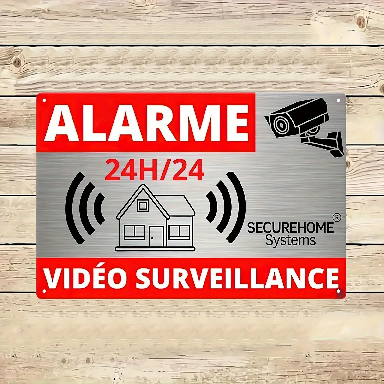 Sinal de lata de alarme de vigilância por vídeo SecureHome Systems 24/7 - Placa de segurança montada na parede com design tradicional estilo barra, para