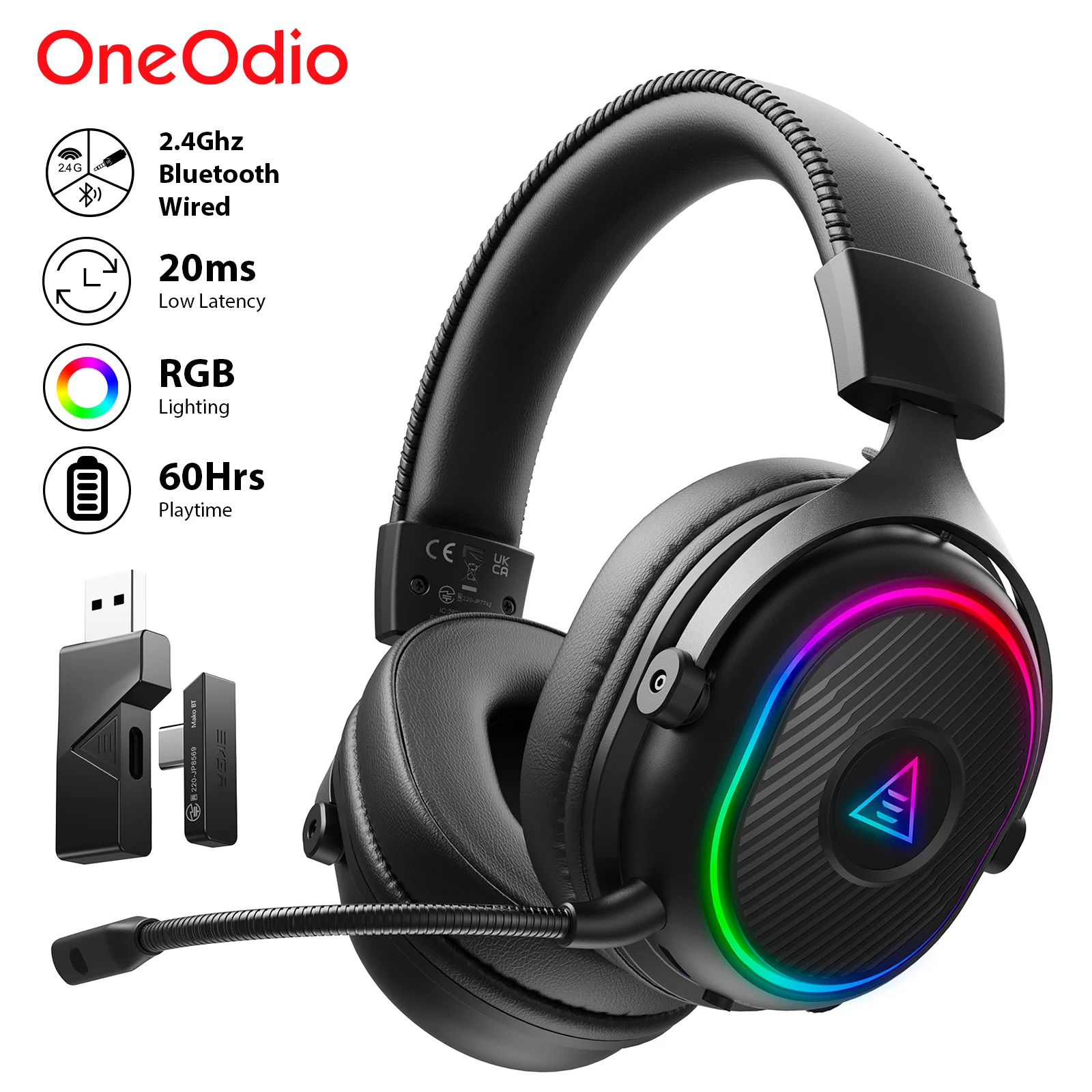 Oneodio EKSA MaKo BT Bluetooth Gaming Headset Over Ear 2.4GHz Fones de ouvido sem fio Gamer 20ms Baixa latência com microfone para PC/PS4/PS5