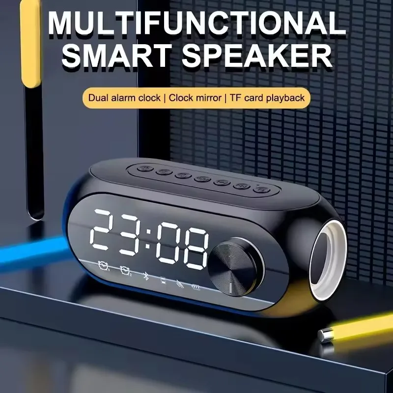 Caixa de Som Bluetooth Sem Fio com Despertador, Rádio FM Portátil, Subwoofer, Luminária Mini e Woofers