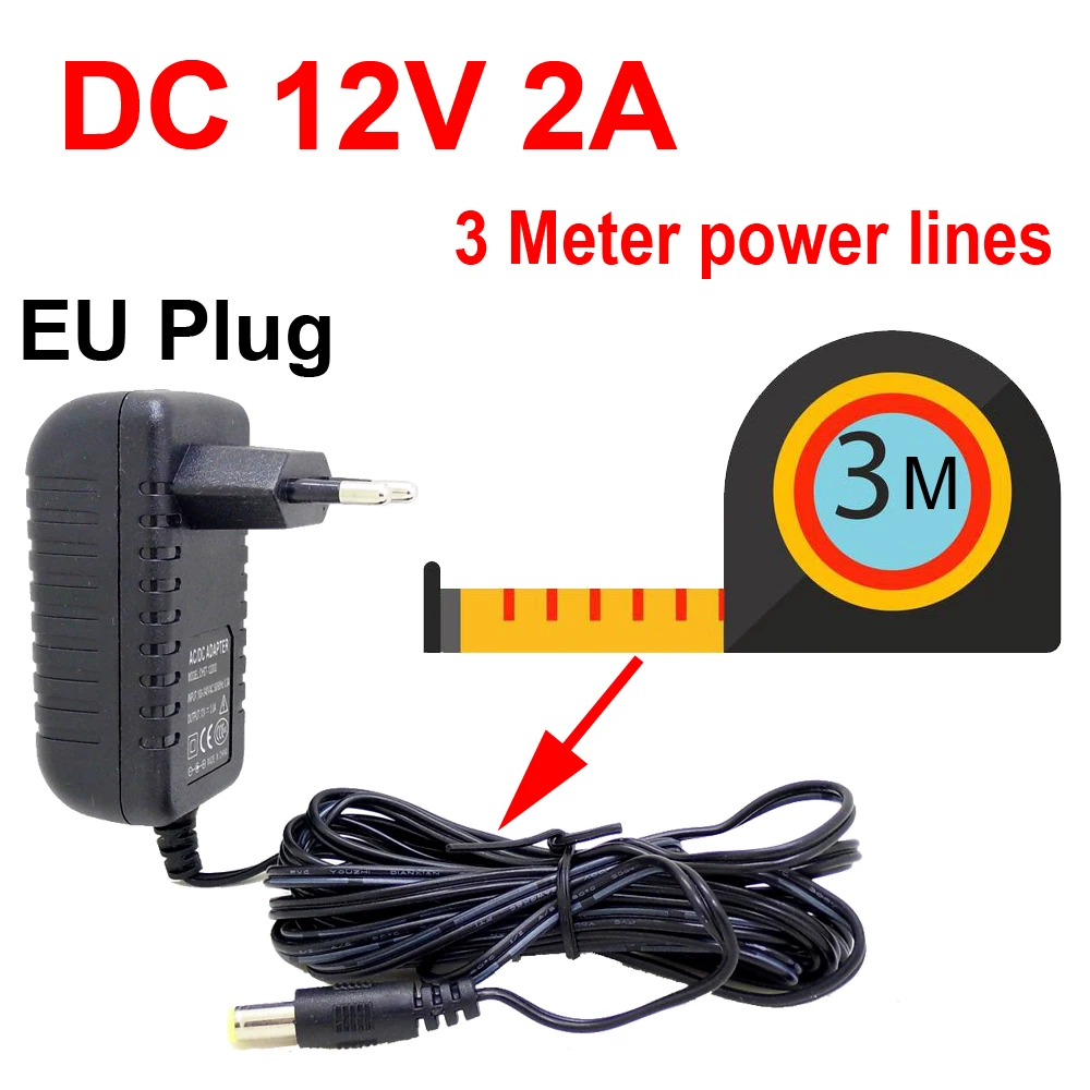 Jienuo 3 metros plugue da ue ac/dc fonte adaptador de alimentação carregador 3m cabo para câmera de segurança cctv ccd 100-240v dc 12v 2a (2.1mm * 5.5mm)