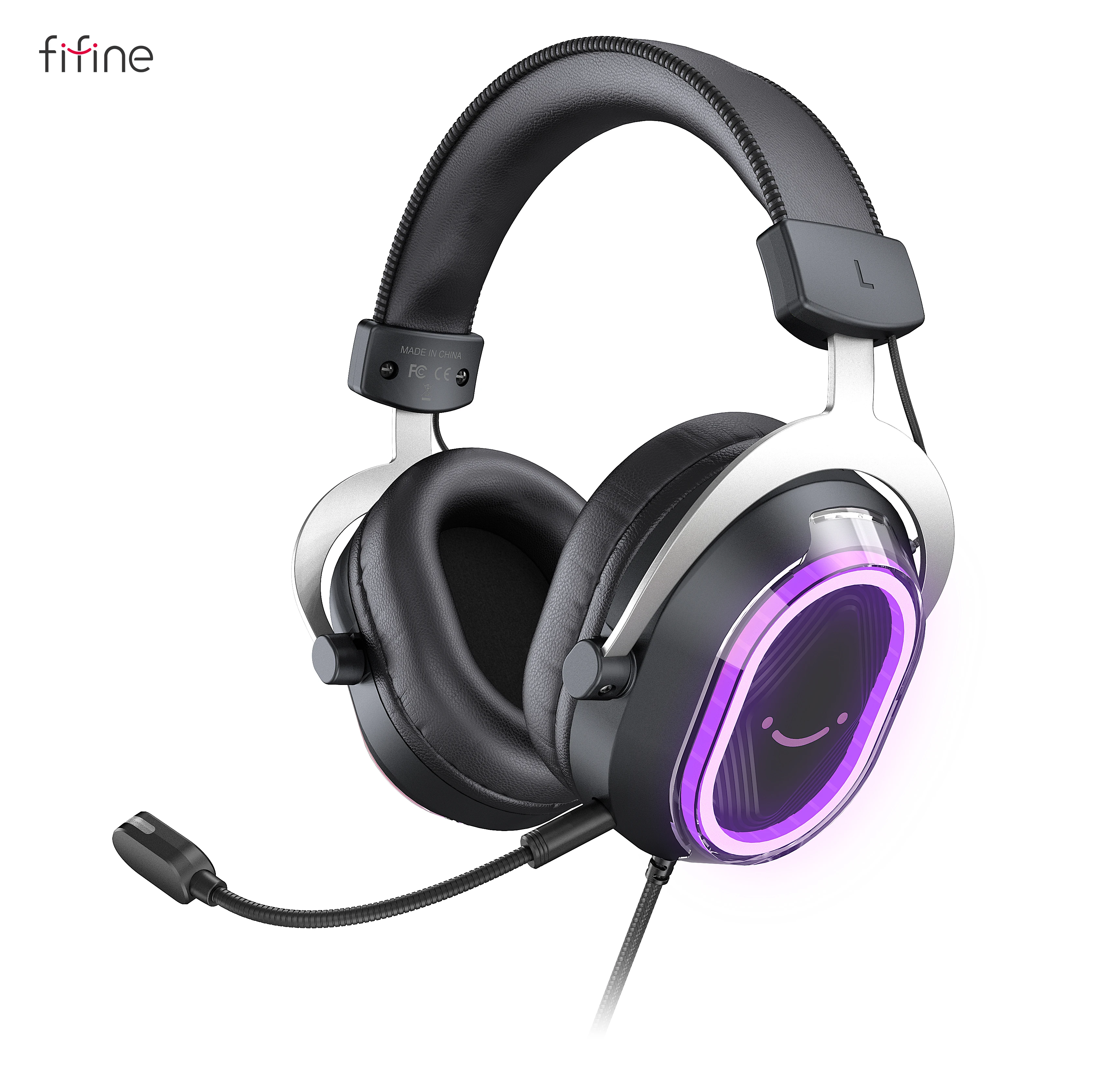 Fone de ouvido para jogos FIFINE RGB com som surround 7.1 e placa de som dupla para PC/PS4/5, fone de ouvido sobre a orelha com microfone removível - H13