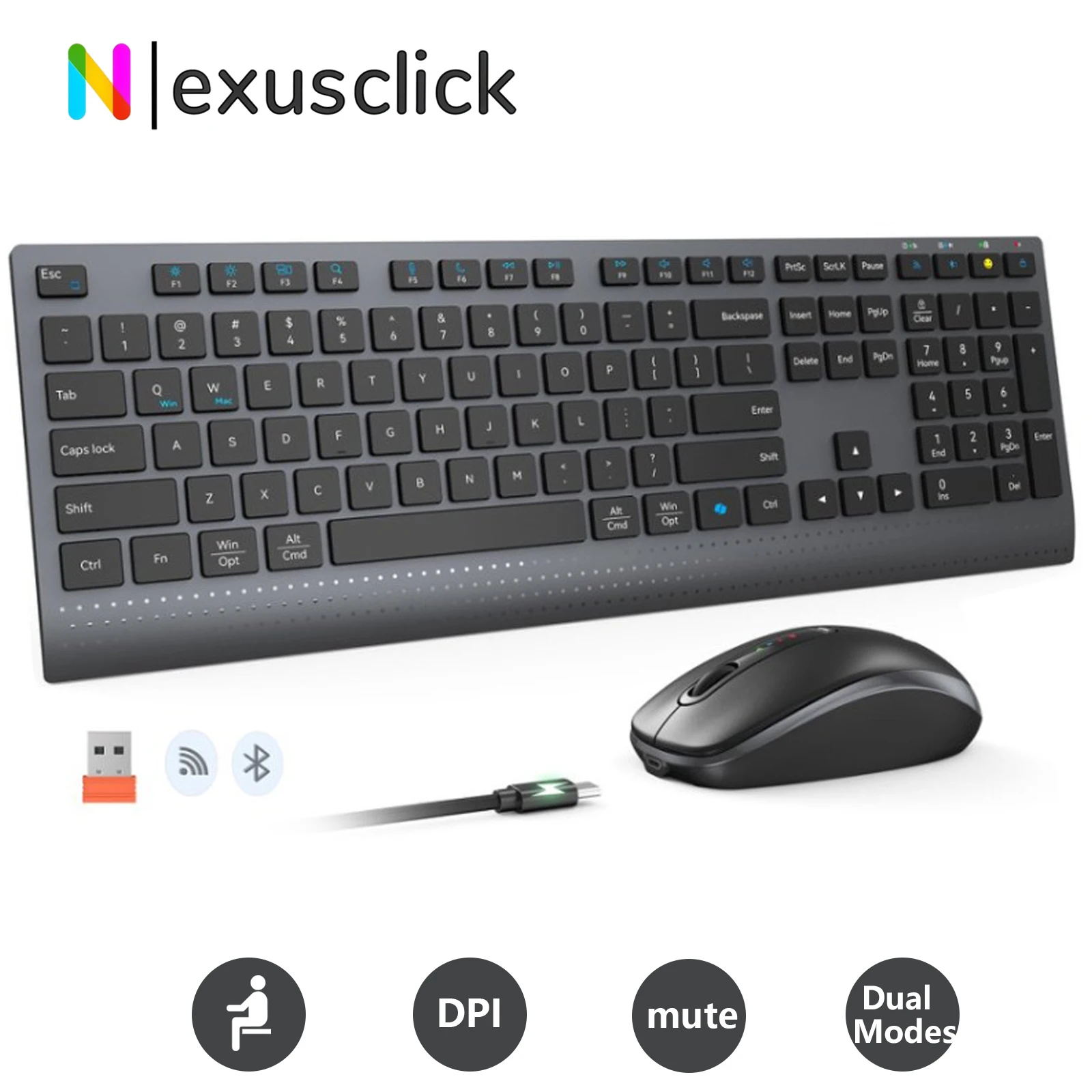 Conjunto de teclado e mouse sem fio 2.4g, modo duplo, mudo, recarregável, com teclas multifuncionais, para windows, pc gamer