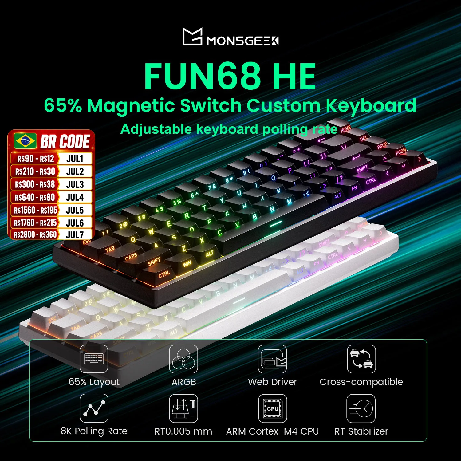 Akko monsGeek fun68 he teclado magnético 65% gatilho rápido 0.005mm 8k argb teclado mecânico personalizado para jogos para pc gamer esort