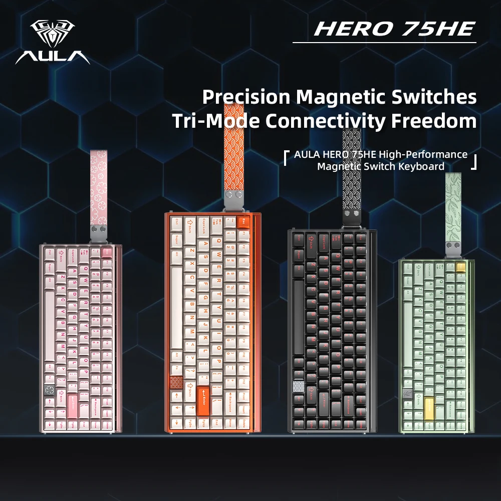 Teclado Mecânico AULA HERO75 HE 75% com Switches Magnéticos, Tri-modo, RGB, Rapid Trigger, 8K Return, para Gamers de Esports em PC e Laptop