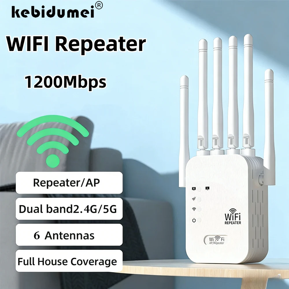 Repetidor WiFi Dual Band 1200Mbps, Extensor de WiFi Sem Fio, Amplificador de Rede 2.4G 5G 360 ° Sinal Wi-Fi de Cobertura Total