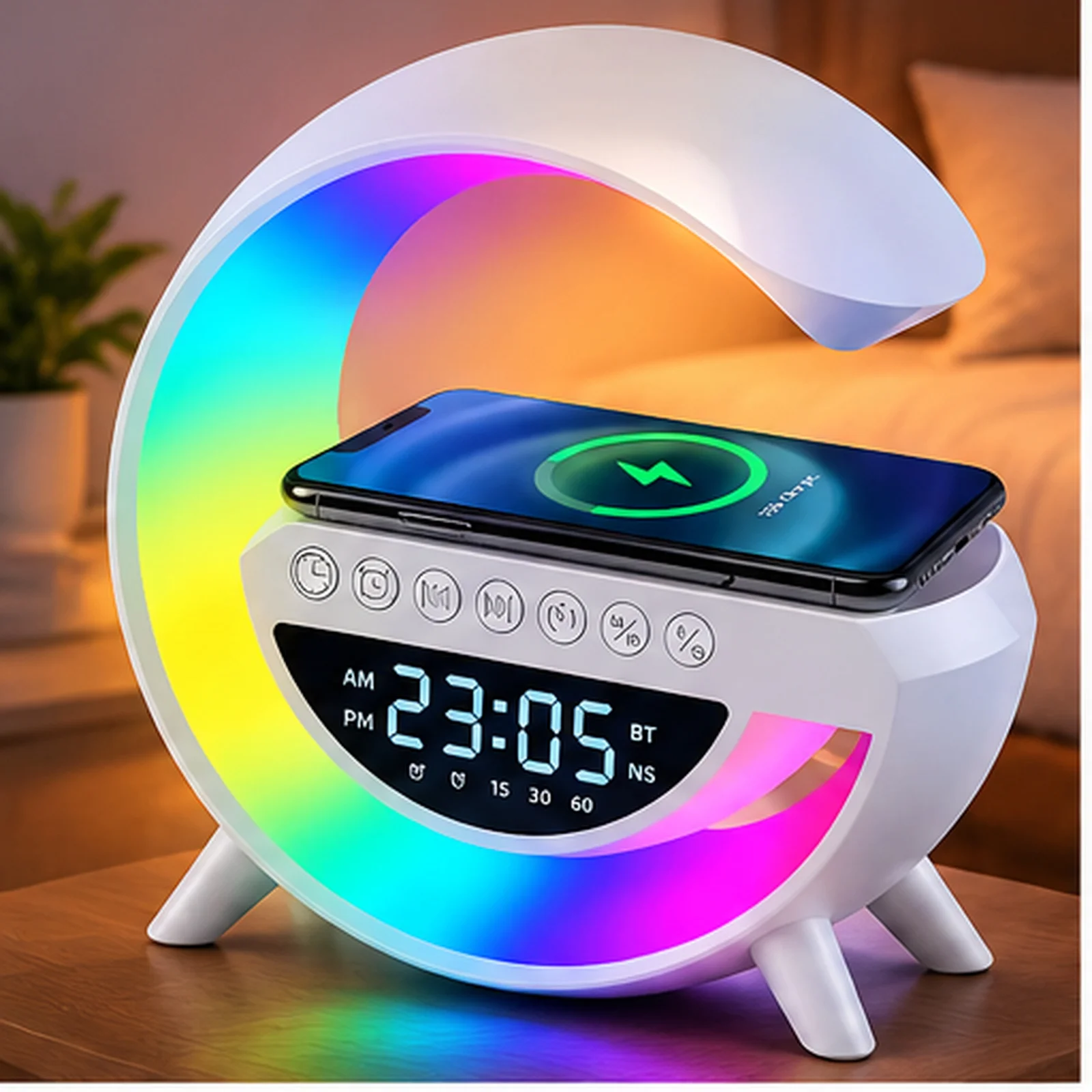 Relógio Mesa Luminária G Caixa Som Bluetooth Carregador 6x1 Cor Branco