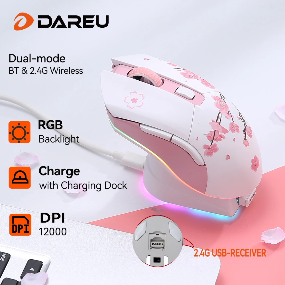 Dareu mouse gamer de modos duplos rgb 2.4g, sem fio, com fio, bateria de recarga de 930mah embutida com conjunto macro para pc e laptop Dareu mouse gamer de modos duplos rgb 2.4g, sem fio, com fio, bateria de recarga de 930mah embutida com conjunto macro para pc e laptop