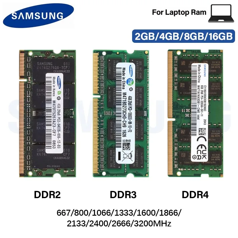 Memória para laptop Samsung DDR2 667 800MHz DDR3 1066 1333 1600 1866MHz DDR4 2133 2400 2666 3200MHz RAM para notebook de alto desempenho
