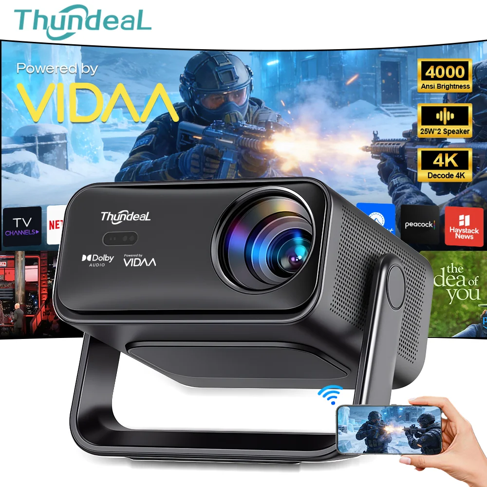Projetor de Imagem Inteligente ThundeaL VIDAA TD99W Full HD 1080P 4K WIFI 3D para Jogos, Projetor Silencioso para Cinema em Casa e Uso Externo