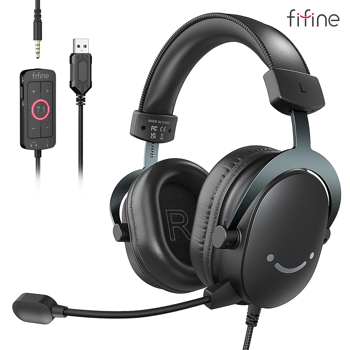 Fone de Ouvido FIFINE, Conector de 3,5 mm e USB com Som Surround 7.1/Controle de Volume/Interruptor de Silêncio para PC/MAC/PS4/PS5 Mixer-H9