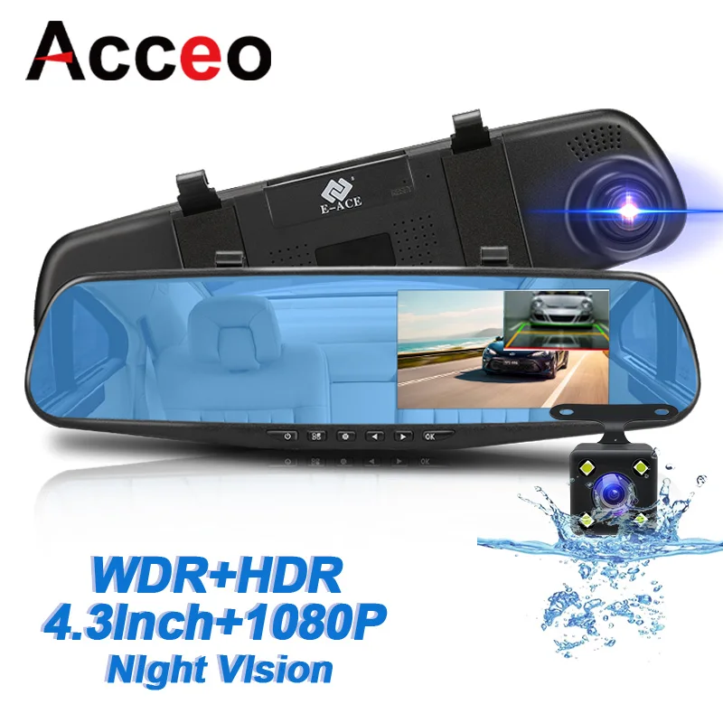 Dual Lens DVR Espelho Retrovisor Dashcam, Câmera Car Traço, Gravador de Vídeo, Auto Bluck Box, 1080P Night Vision, 4,3"