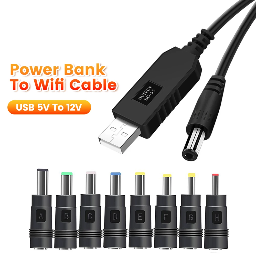 Cabo de Alimentação USB para DC de 5V a 12V com 8 Adaptadores, Conversor de Aumento, Cabo de Carregamento USB para Roteador Wifi, Mini Ventilador, Alto-falante