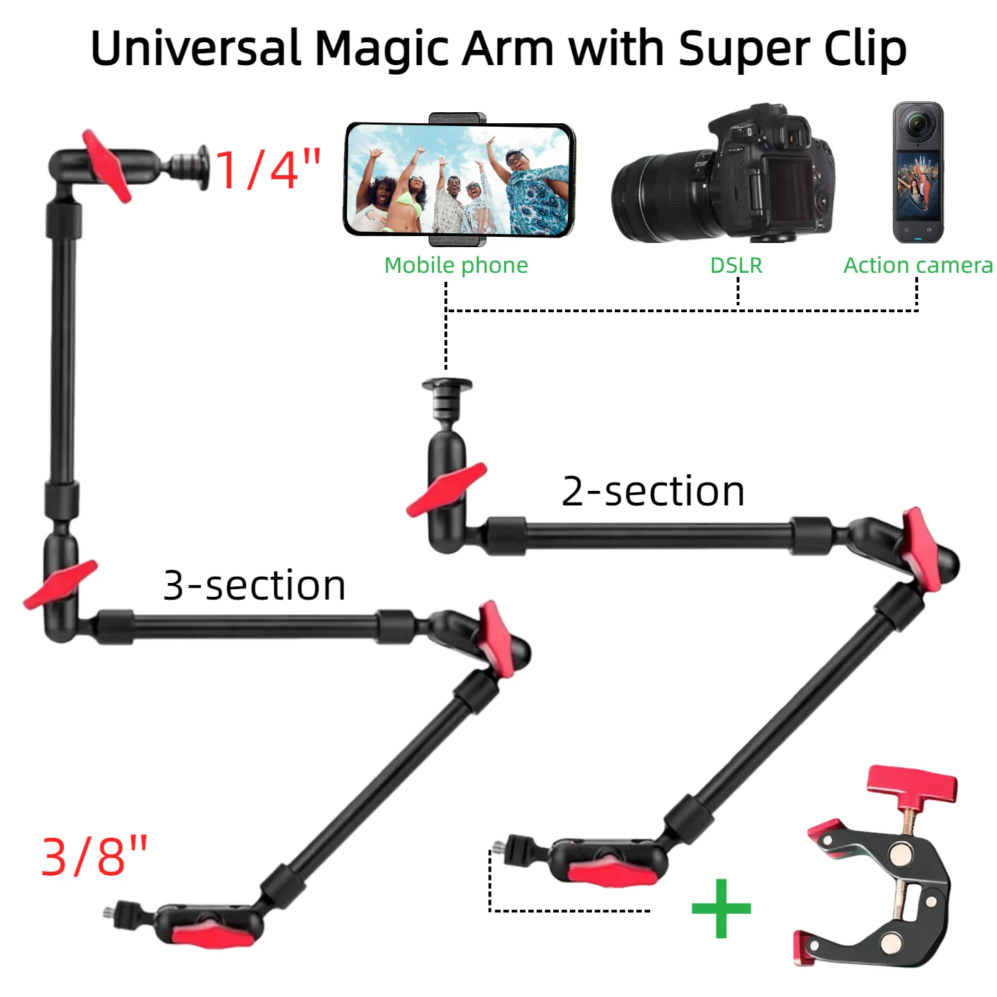 Braço Mágico para Câmera de 22/30 polegadas com Suporte Super Clip para Smartphone, Filmadora, Câmera de Ação, Montagem de Tablet, Webcam, Kits de Estúdio