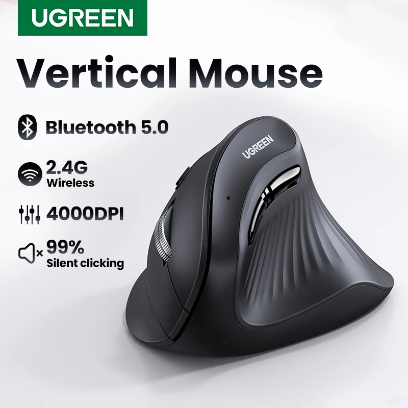 UGREEN-Mouse Vertical Sem Fio, Bluetooth 5.0, 2.4G, Ergonômico 4000DPI, 6 Botões Mudo para MacBook, Tablet, Laptops, Computador, PC UGREEN-Mouse Vertical Sem Fio, Bluetooth 5.0, 2.4G, Ergonômico 4000DPI, 6 Botões Mudo para MacBook, Tablet, Laptops, Computador, PC