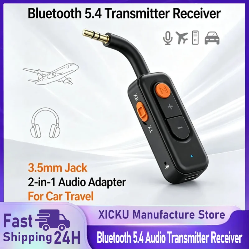 Transmissor e Receptor de Áudio Bluetooth 5.4, Adaptador Sem Fio de Música Estéreo HD HiFi com Microfone para Carro, Avião, TV, PC e Caixa de Som