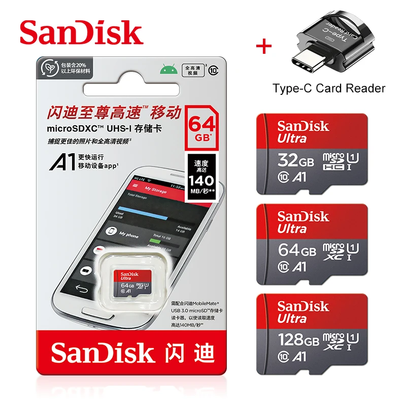 Cartão de Memória Original SanDisk A1 256GB 128GB 100MB/S 64GB 32GB Micro SD Classe 10 UHS-1 Flash MicroSD TF + Leitor de Cartão Tipo-C