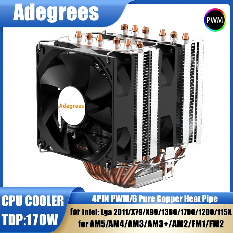Cooler de Ar para CPU com 6 Tubos de Calor, Ventilador para Processador de PC X99, Compatível com Intel LGA 1366 1700 1200 1150 1151 1155 2011 X79 AM3 AM4 AM5