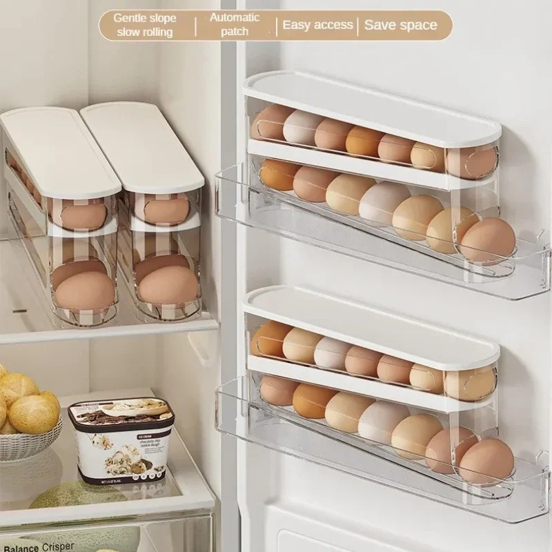 Caixa de Armazenamento de Ovos para Geladeira em Camadas, Estilo Escada, Suporte Automático para Ovos, Organizador de Ovos para Refrigerador