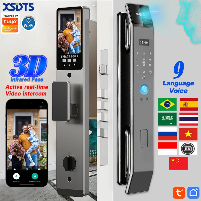 Xsdts wifi tuya app reconhecimento facial fechadura da porta inteligente com câmera chamada de vídeo intercomunicador de voz fechadura da porta digital fechadura da porta automática