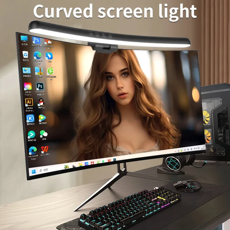 Curvo LED Monitor Light Bar, USB RGB PC Screen Lamp, Stepless Escurecimento Backlight, Laptops suspensos, Gaming Gamer, Iluminação de escritório Curvo LED Monitor Light Bar, USB RGB PC Screen Lamp, Stepless Escurecimento Backlight, Laptops suspensos, Gaming Gamer, Iluminação de escritório