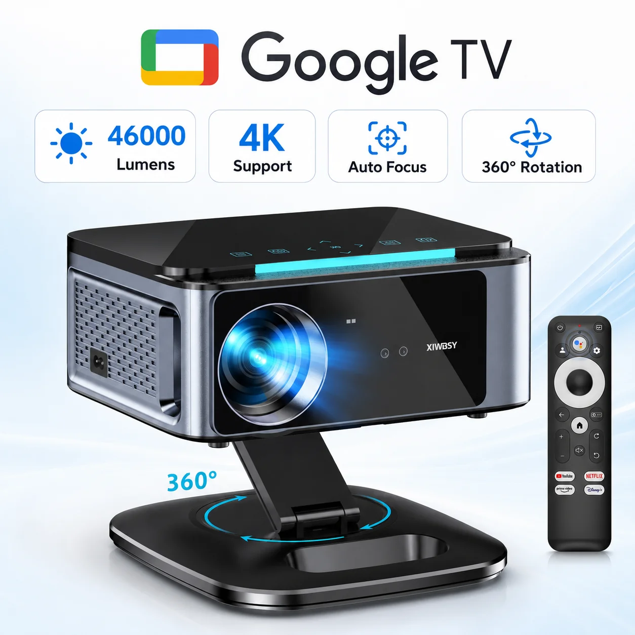 Projetor Oficial Google TV XIWBSY 3200ANSI Android 14.0 Projetor Netflix Wifi6 Home Theater Projetor com Assistente de Voz Google