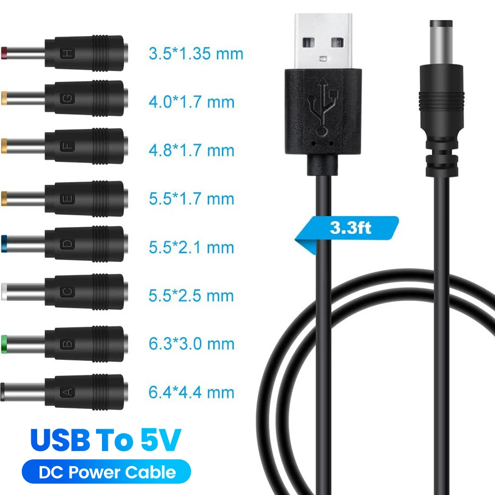 Cabo de alimentação USB para 5V DC, cabo USB A para DC com adaptadores, conector USB para tomada DC, adaptador de fonte de alimentação para roteador Wi-Fi e ventilador.