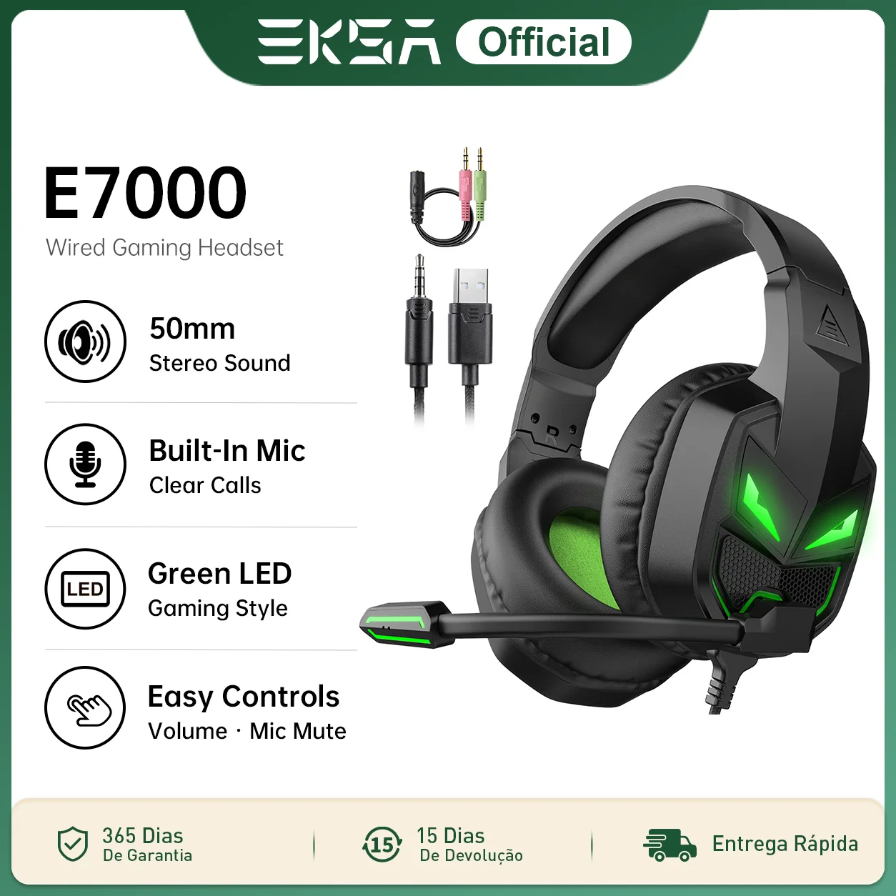 Fones de Ouvido para Jogos EKSA E7000, Headset Estéreo com Fio de 50mm, Microfone com Cancelamento de Ruído para PC, Xbox, PS4, PS5, LED Verde