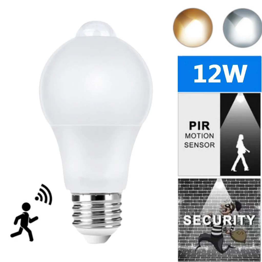 Lâmpada led com sensor de movimento pir, 12w, e27, lâmpada inteligente ativada por movimento, liga/desliga, luzes para casa, escada