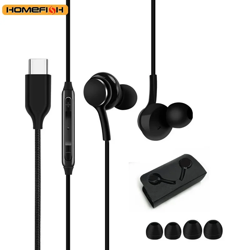 Fones de Ouvido Intra-auriculares HOMEFISH USB-C com Microfone, Som Estéreo HiFi, Cabo Trançado Anti-Emaranhamento Tipo-C, 3.5mm, 2 Modelos