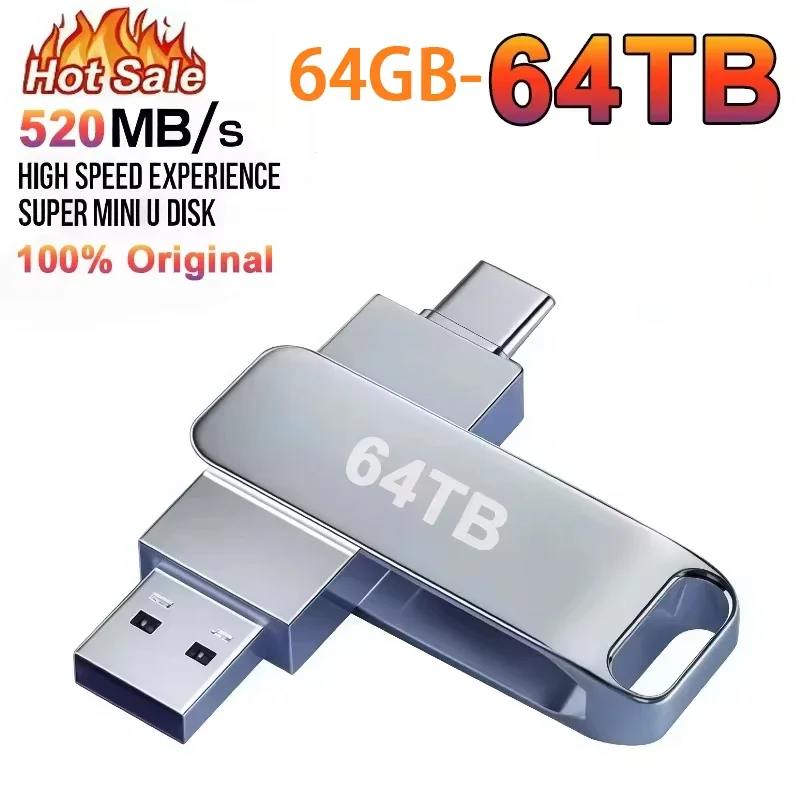 Novo Pendrive USB 3.1 de 64GB-64TB, Alta Velocidade de Transferência, Metal, À Prova D'água, Aumenta a Memória do Carro