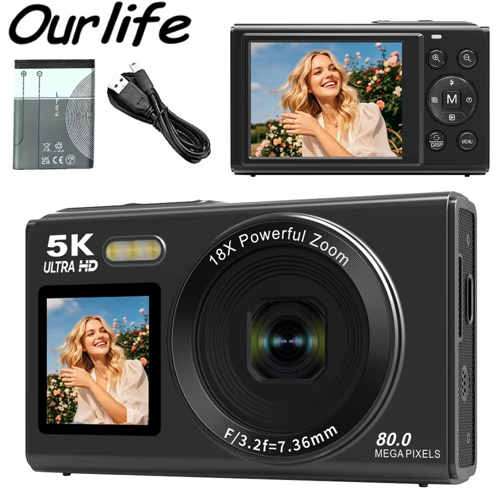Câmera Digital Ourlife 5K 80MP com Zoom Digital 18X, Câmera com Tela IPS Dupla, WIFI, Gravador de Vídeo Vintage para Fotografia