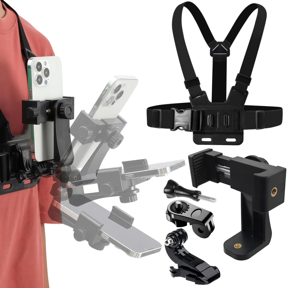 Suporte Ajustável para Celular com Clipe e Alça de Peito para Câmera Esportiva e Celular - Acessório Preto