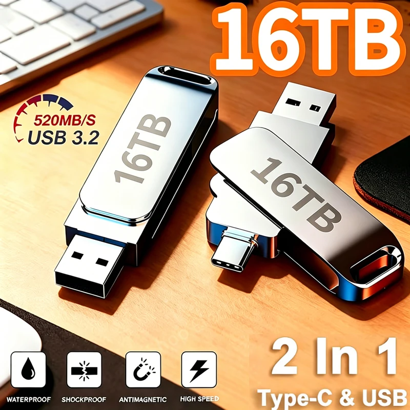Novo Pen Drive Flash de 16TB 3.0 USB, Disco de Alta Velocidade em Metal Durável, Stick de Armazenamento de Dados com Múltiplas Capacidades