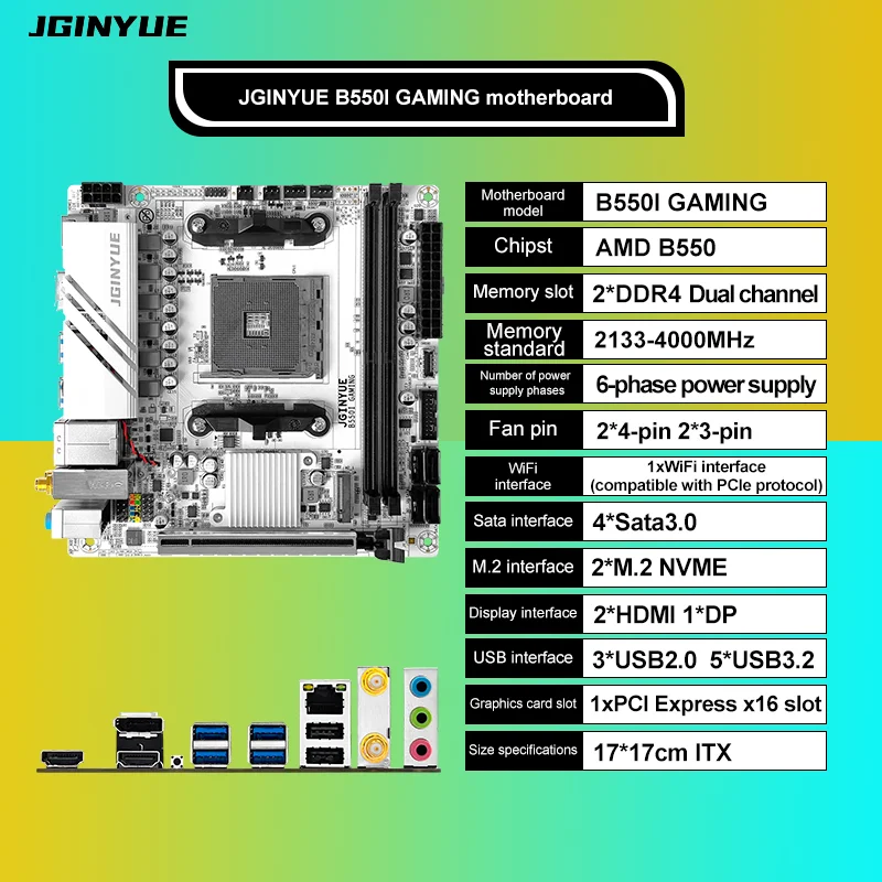 Placa-mãe Mini ITX JGINYUE AMD B550 AM4, compatível com processadores Ryzen R5 da série 4000/5000, memória RAM DDR4, PCI-E 4.0, B550i GAMING.