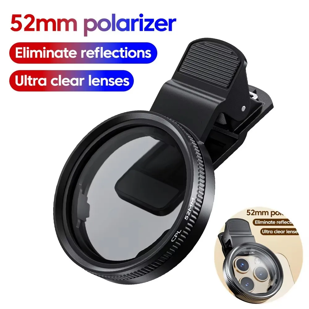 Filtro Polarizador Circular CPL Universal de 52mm com Clipe para Lente de Celular para smartphones iPhone e Samsung