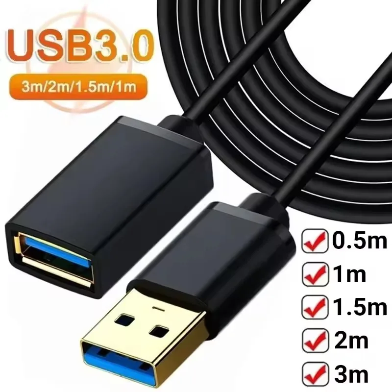 Cabo Extensor USB 3.0 2.0, Fio de Transferência Rápida de Dados, 0.5/1/1.5/2/3M para Smart TV, Xbox One, SSD, PC, Laptop