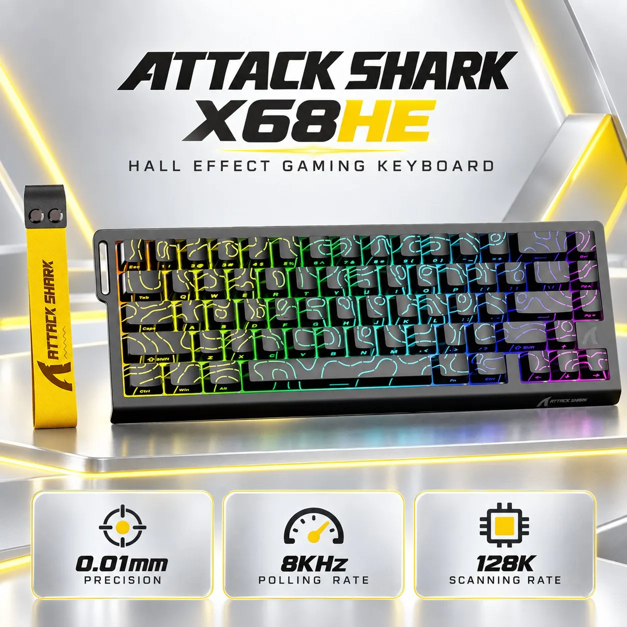 Teclado ATTACK SHARK X68HE, PBT Double-Shot, RGB, 0,01 mm, interruptores magnéticos Baiyu. Teclado ATTACK SHARK X68HE, PBT Double-Shot, RGB, 0,01 mm, interruptores magnéticos Baiyu.