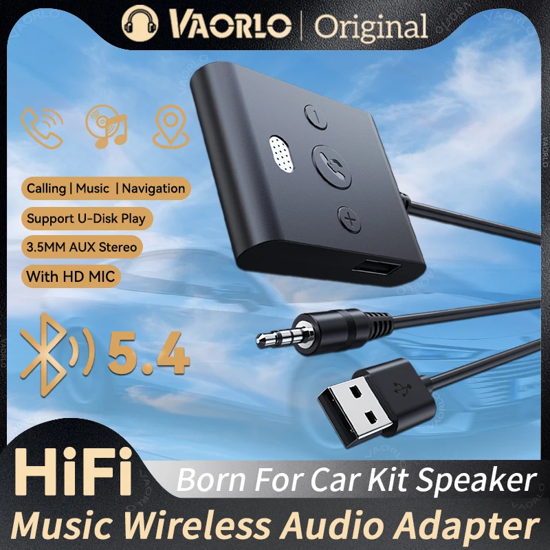 Adaptador automotivo aux bluetooth 5.4, com microfone, 3.5mm, usb, disco u, receptor de áudio estéreo sem fio, kit para carro, chamadas handsfree, navegação, música