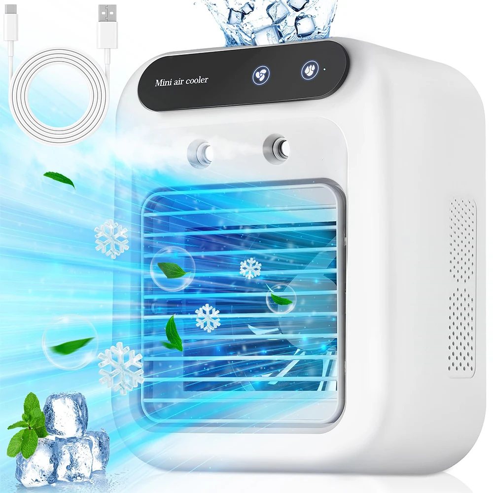 Ventilador Umidificador USB de Mesa com Tanque de Água, Mini Resfriador de Ar Portátil, Dispositivo de Resfriamento com Bateria de Lítio de 1800mAh e Operação de Baixa Voltagem