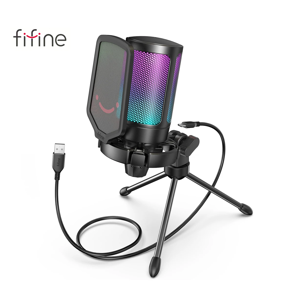 FIFINE Ampligame Microfone USB para streaming de jogos com filtro pop, suporte antichoque e controle de ganho, microfone condensador para PC/MAC -A6V