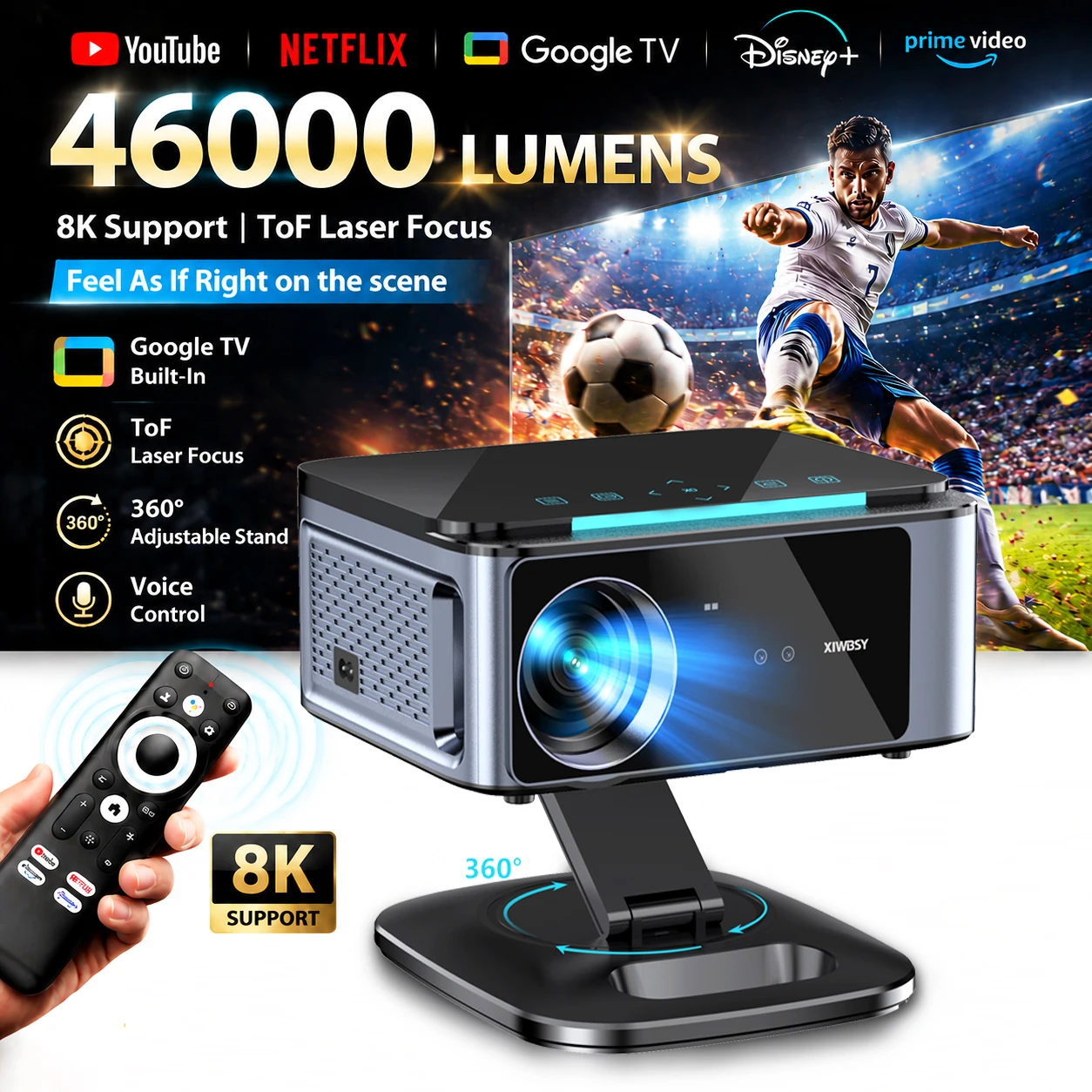 Projetores 4K Ultra HD XIWBSY 46000 Lumens, Projetor Inteligente para Home Theater com Google TV, Projetor com Foco a Laser TOF, Projetor para Uso Diurno
