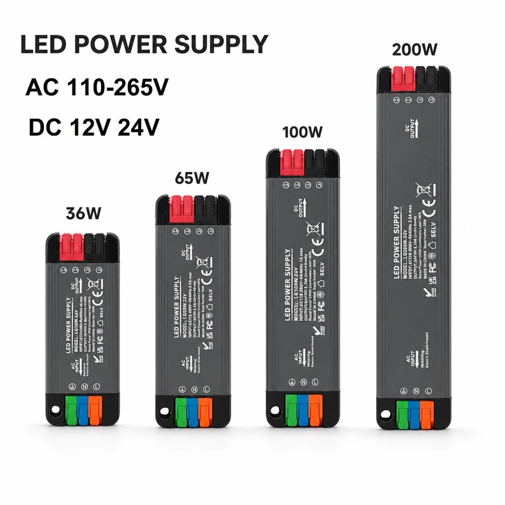Fonte de Alimentação LED Ultrafina 36W 65W 100W 200W AC 110-265V Compatível Globalmente DC 12V 24V Transformador de Iluminação Silencioso LED