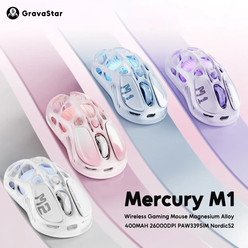 Mouse Gamer Sem Fio GravaStar Mercury M2 M1, Design Leve e Oco, Sensor PAW3395DM, 26000 DPI, RGB, para E-sports