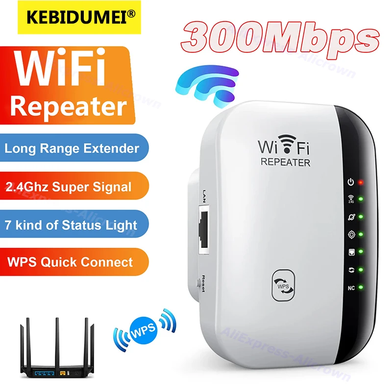 Repetidor WIFI kebidumei 300Mbps, Amplificador Wi-Fi Remoto 802.11N, Reforçador de Sinal WiFi, Amplificador de Rede, Repetidor Sem Fio 4/7 Luzes