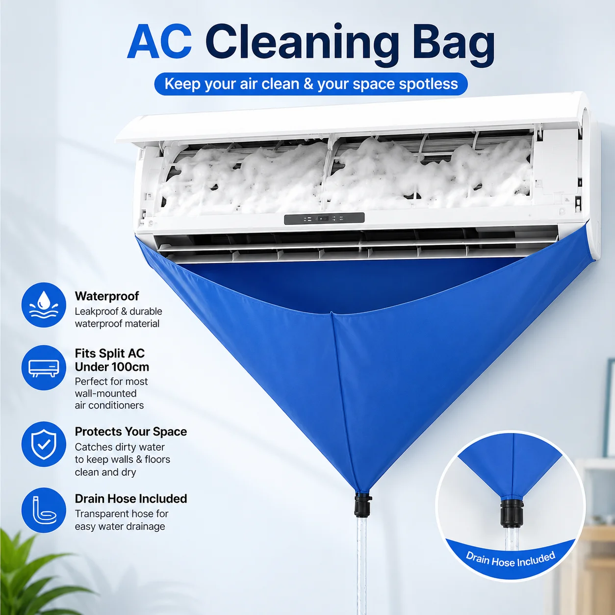 Capa Protetora Impermeável para Limpeza de Ar Condicionado de Parede, com Saco Coletor de Drenagem para AC Split Abaixo de 100cm