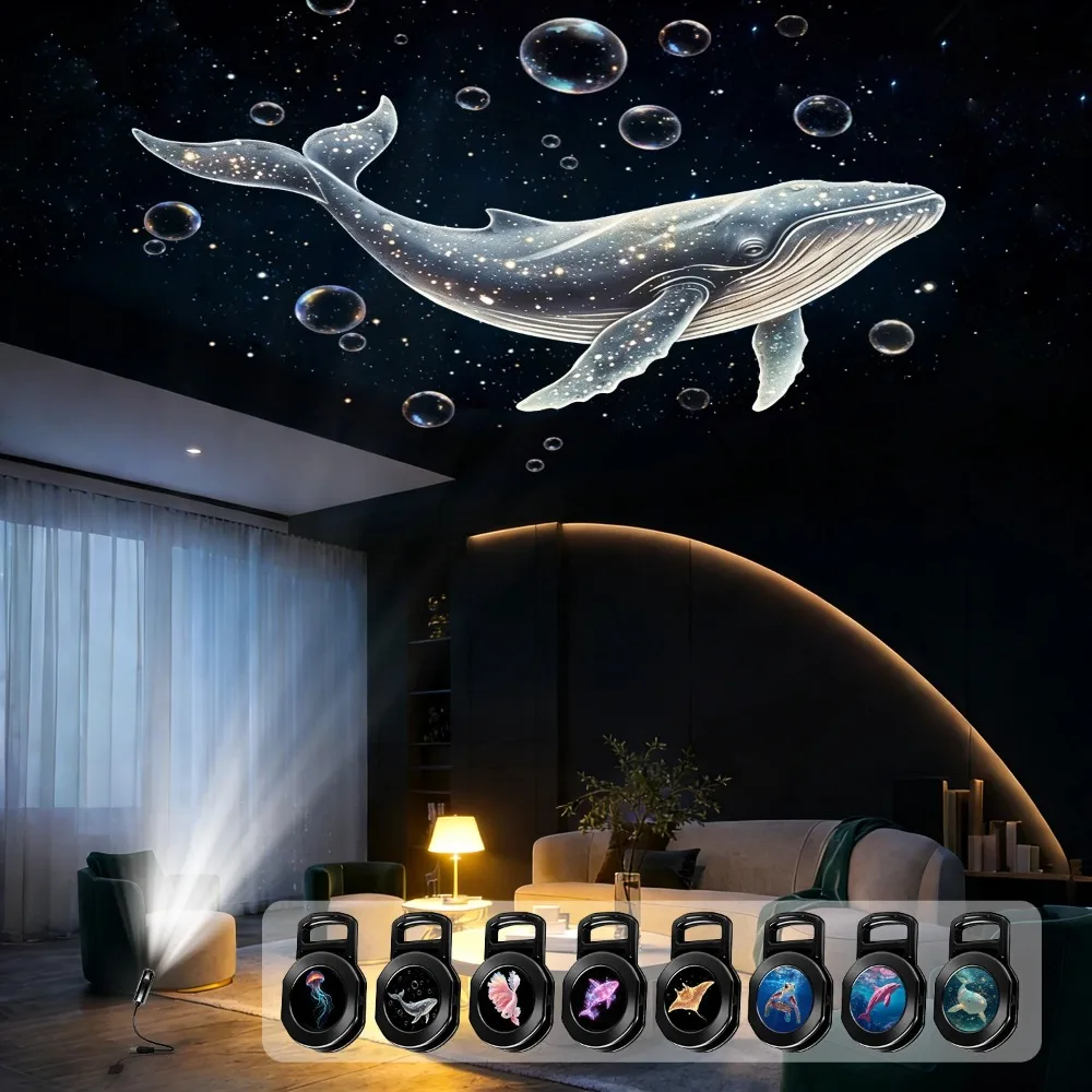 Luz noturna com projetor USB Ocean, 8 lâmpadas substituíveis para iluminação ambiente, projetor de teto para quarto.